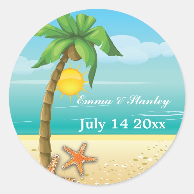 Sticker Rond Palmier & étoile de plage mariage Enregistrer la d (Devant)