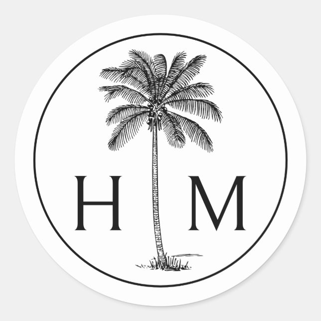 Sticker Rond Palmier noir et blanc Monogramme de palmier (Devant)