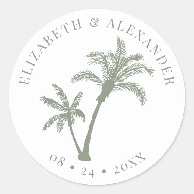 Sticker Rond Palmier Plage Tropicale Mariage Vert Sauge (Devant)