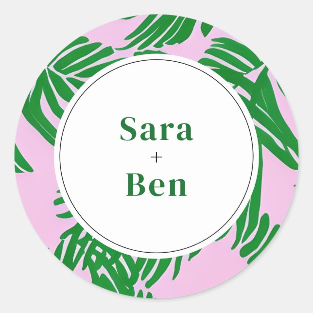 Sticker Rond Palmier rose et vert Mariage de plage moderne (Devant)
