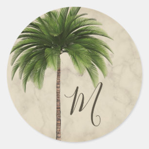 Sticker Rond Palmier Tropical élégant Monogramme Marbré