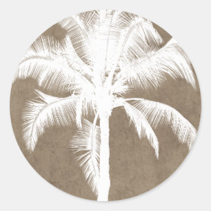 Sticker Rond Palmier Tropical Hawaiien Rétro Silhouette Blanc