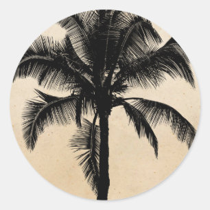 Sticker Rond Palmier tropicale hawaïenne rétro Silhouette Noir
