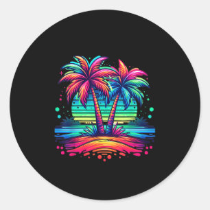 Sticker Rond Palmiers Colorés Plage Neon Plage Drôle Vacatio