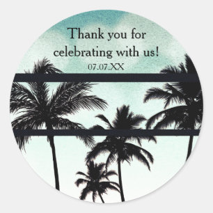 Sticker Rond Palmiers de fête de plage Tropical Vert Vintage