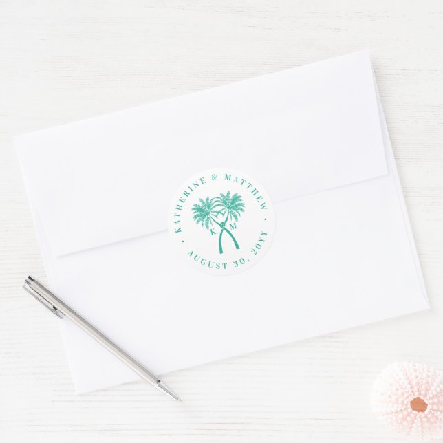 Sticker Rond Palmiers noués Destination Tropicale Mariage (Enveloppe)