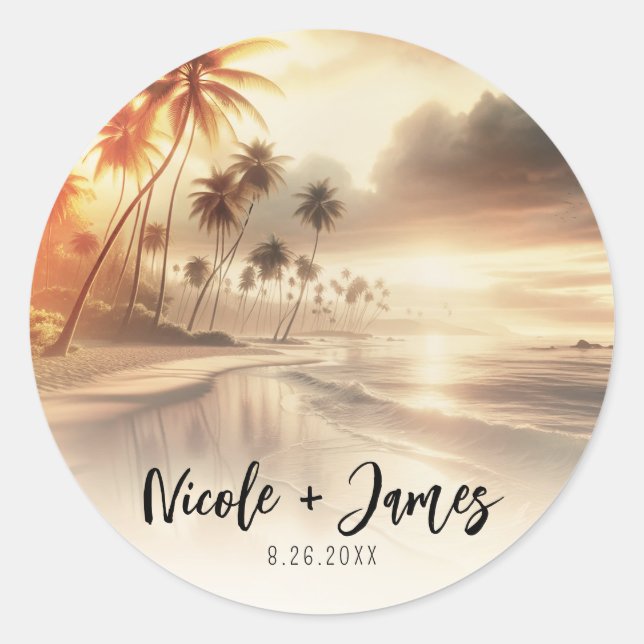 Sticker Rond Palmiers & Orange Sunset Beach Mariage (Devant)