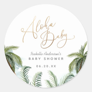Sticker Rond Palmiers Tropical Gold Script Aloha Baby shower