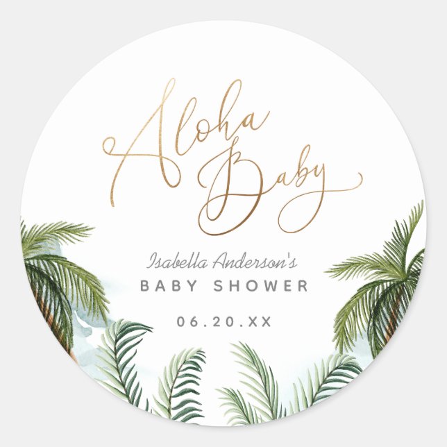 Sticker Rond Palmiers Tropical Gold Script Aloha Baby shower (Devant)