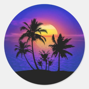Sticker Rond Palmiers tropicaux couchés de soleil