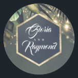 Sticker Rond Palmiers tropicaux Mariage plage d'or<br><div class="desc">Phoques de mariage de destination</div>