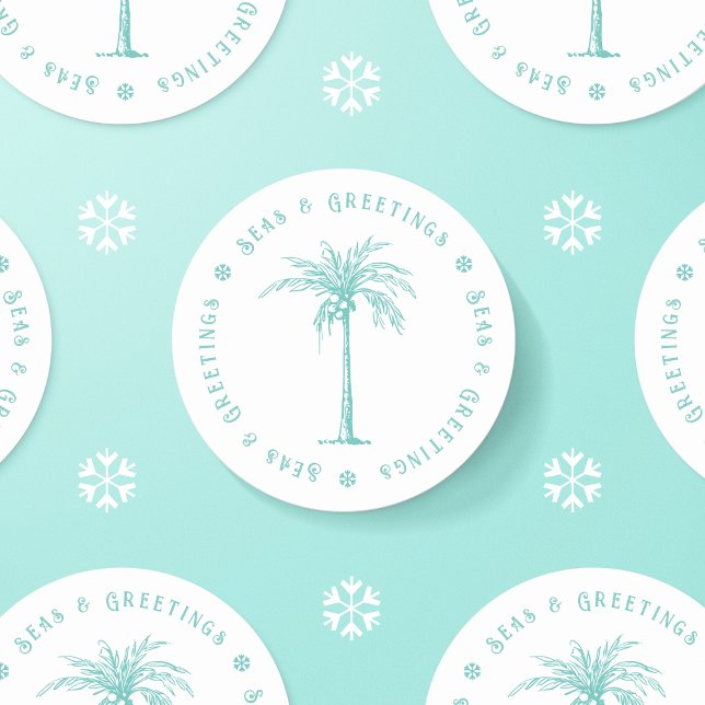 Sticker Rond Palmiers tropicaux Mer et voeux Noël (Tropical Palm Tree Seas and Greetings Christmas Classic Round Stickers)
