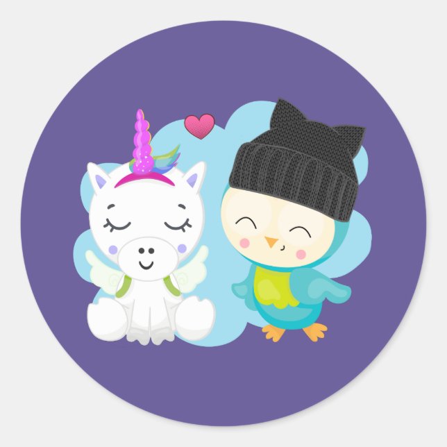 Sticker Rond Pals de caricature mignonnes - Bonne licorne et oi (Devant)