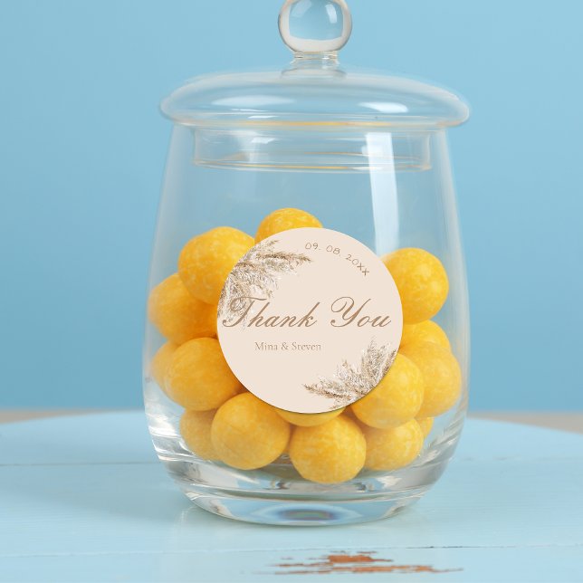 Sticker Rond Pampas crémeuse moderne herbe mariage Merci (Créateur téléchargé)