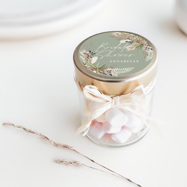 Sticker Rond Pampas douche nuptiale herbe vert moderne élégant (Créateur téléchargé)