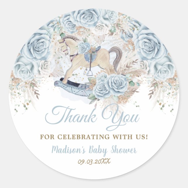 Sticker Rond Pampas Grass Blue Floral Rocse Baby shower (Devant)