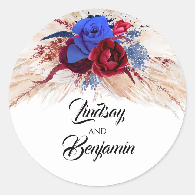 Sticker Rond Pampas Grass Bourgogne Rouge et bleu marine Floral (Devant)