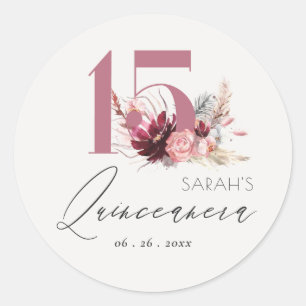 Sticker Rond Pampas rose Floral Grass Quinceanera 15e anniversa