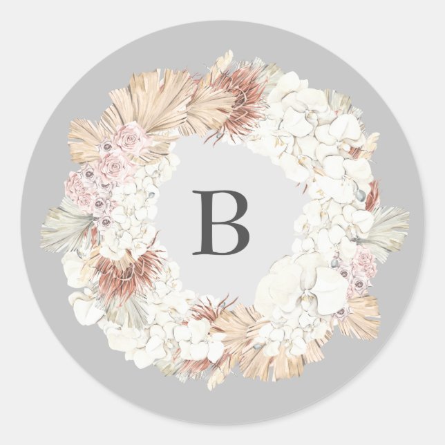 Sticker Rond Pampas Ultimate Wreath Élégant Monogramme Gris (Devant)