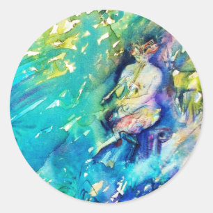 STICKER ROND PAN JOUANT DE LA FLÛTE ET CERF DANS UN BOIS VERT