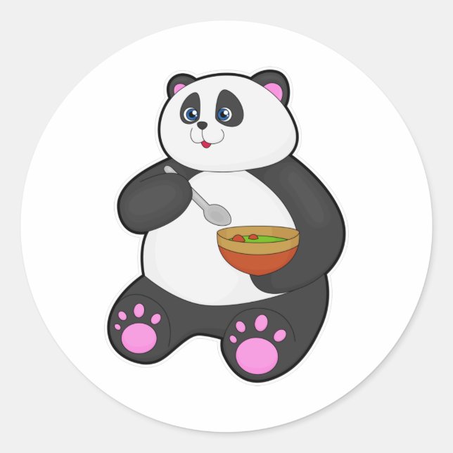 Sticker Rond Panda à manger avec cuillère et bol (Devant)