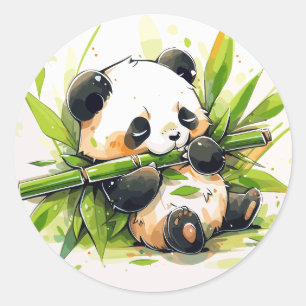 Sticker Rond Panda adorable mignonne mangeant des pousses de ba