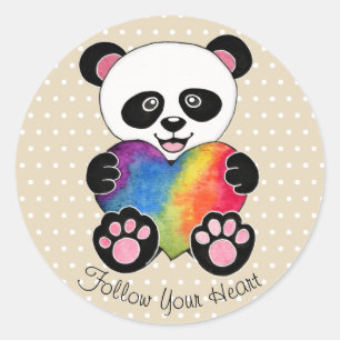 Sticker Rond Panda Aquarelle Cute Avec Coeur Arc En Ciel
