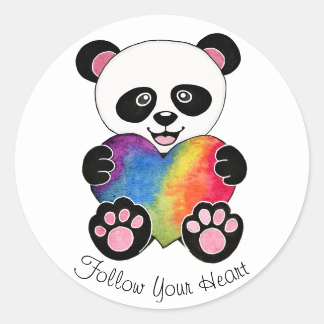 Sticker Rond Panda Aquarelle Cute Avec Coeur Arc En Ciel (Devant)