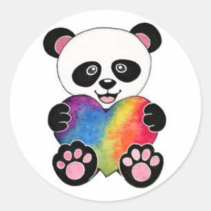 Sticker Rond Panda Aquarelle Cute Avec Coeur Arc En Ciel