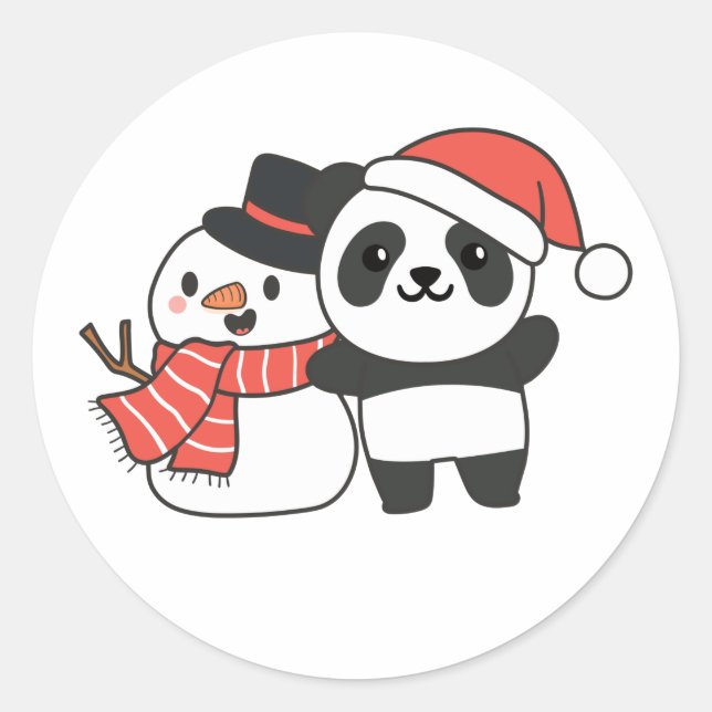 Sticker Rond Panda Avec Snowman En Hiver Pour Noël (Devant)