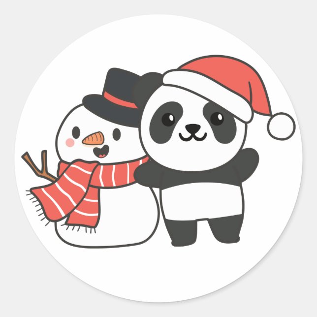 Sticker Rond Panda Avec Snowman En Hiver Pour Noël Classique (Devant)