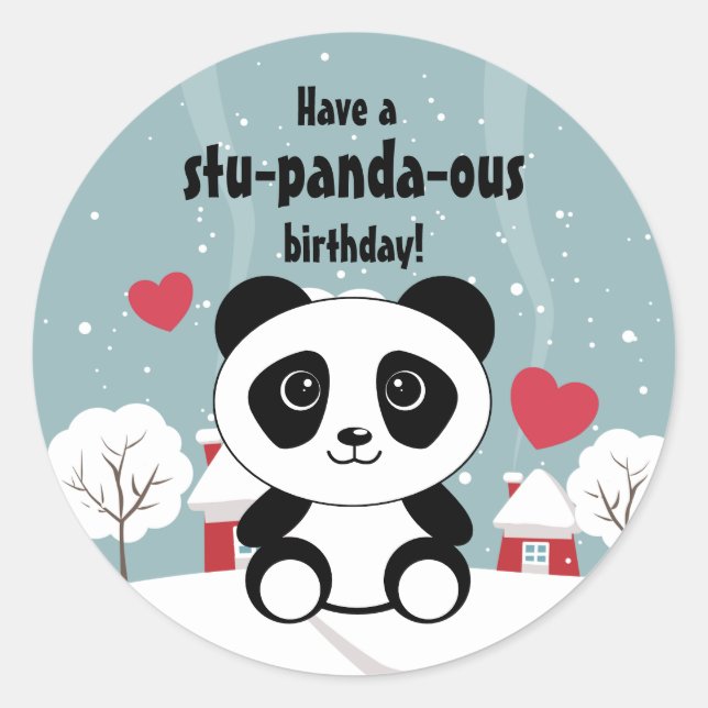 Sticker Rond Panda Bébé Cute En Hiver Gris Neige (Devant)