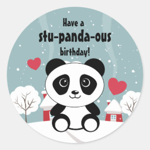 Sticker Rond Panda Bébé Cute En Hiver Gris Neige