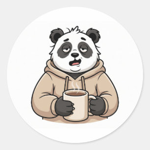 Sticker Rond Panda Café Cartoon Trop Fatigué Pour Fonctionner
