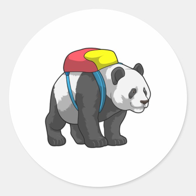 Sticker Rond Panda comme randonneur avec sac à dos (Devant)