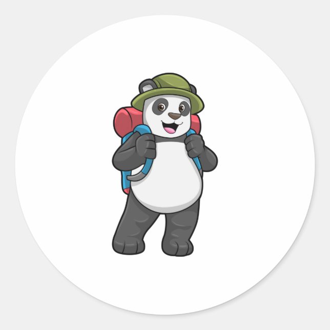 Sticker Rond Panda comme randonneur avec sac à dos (Devant)