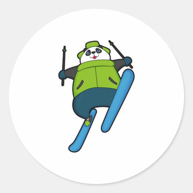 Sticker Rond Panda comme Saut à ski avec Ski (Devant)