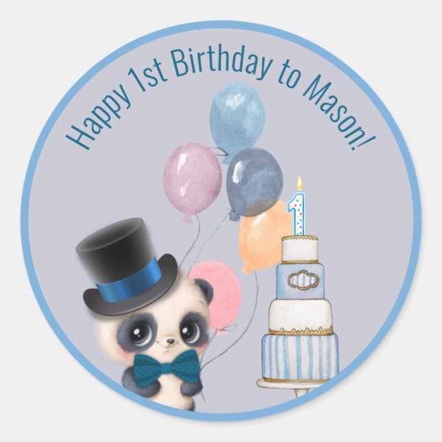 Sticker Rond Panda dans le chapeau supérieur | 1er anniversaire (Devant)