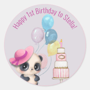 Sticker Rond Panda en Casquette rose   1er anniversaire de bébé
