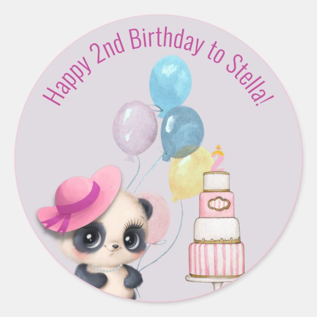 Sticker Rond Panda en Casquette rose | 2e anniversaire du bébé (Devant)
