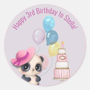 Sticker Rond Panda en Casquette rose   3e anniversaire de bébé