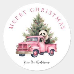 Sticker Rond Panda en Pink Vintage Truck Noël