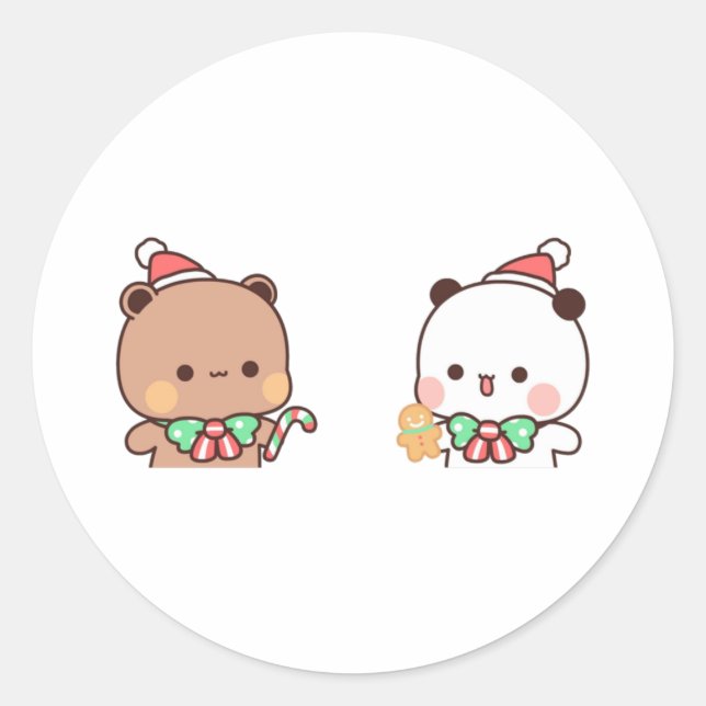 Sticker Rond Panda Et Brownie Bear Couple, Joyeux Noël (Devant)