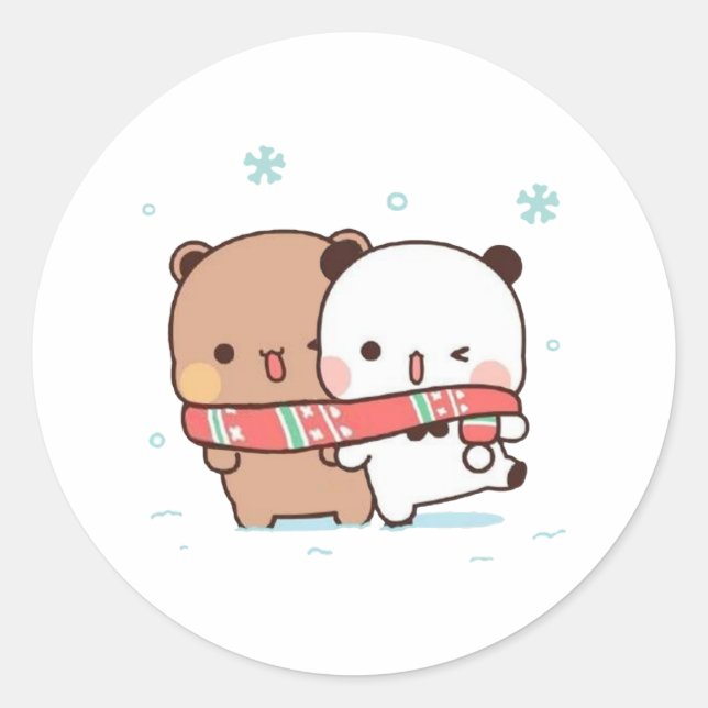 Sticker Rond Panda Et Brownie Bear Couple, Joyeux Noël (Devant)