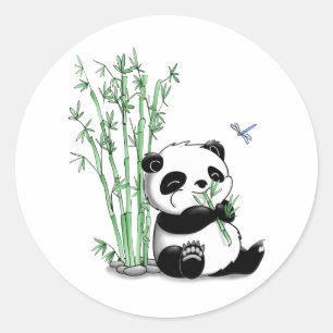Sticker Rond Panda mangeant du bambou