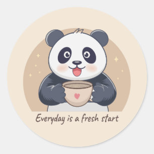 Sticker Rond Panda Mignon avec Café