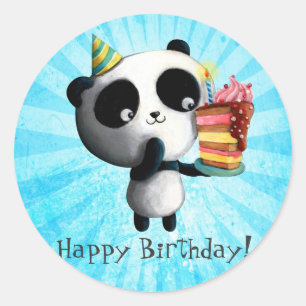 Sticker Rond Panda mignon d'anniversaire avec le gâteau