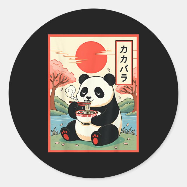 Sticker Rond Panda Mignon Mangeant des Ramen Nouilles Japonaise (Devant)