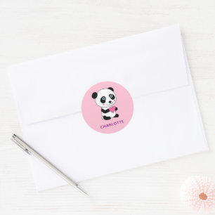 Sticker Rond Panda mignonne au coeur rose + Nom