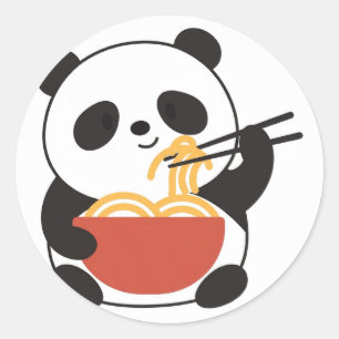 Sticker Rond Panda Minimaliste Mangeant du Ramen